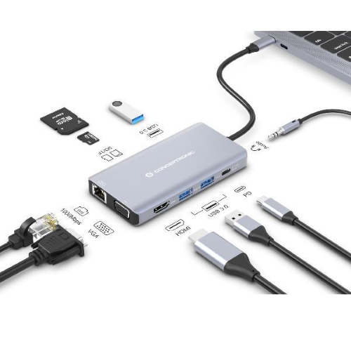 Conceptronic DOCKING STATION 10-IN-1 USB 3.2 GEN 1 - HDMI, VGA, USB-A 3.0 x3, SD, TFMicroSD, Audio, GbE LAN, 100W USB PD